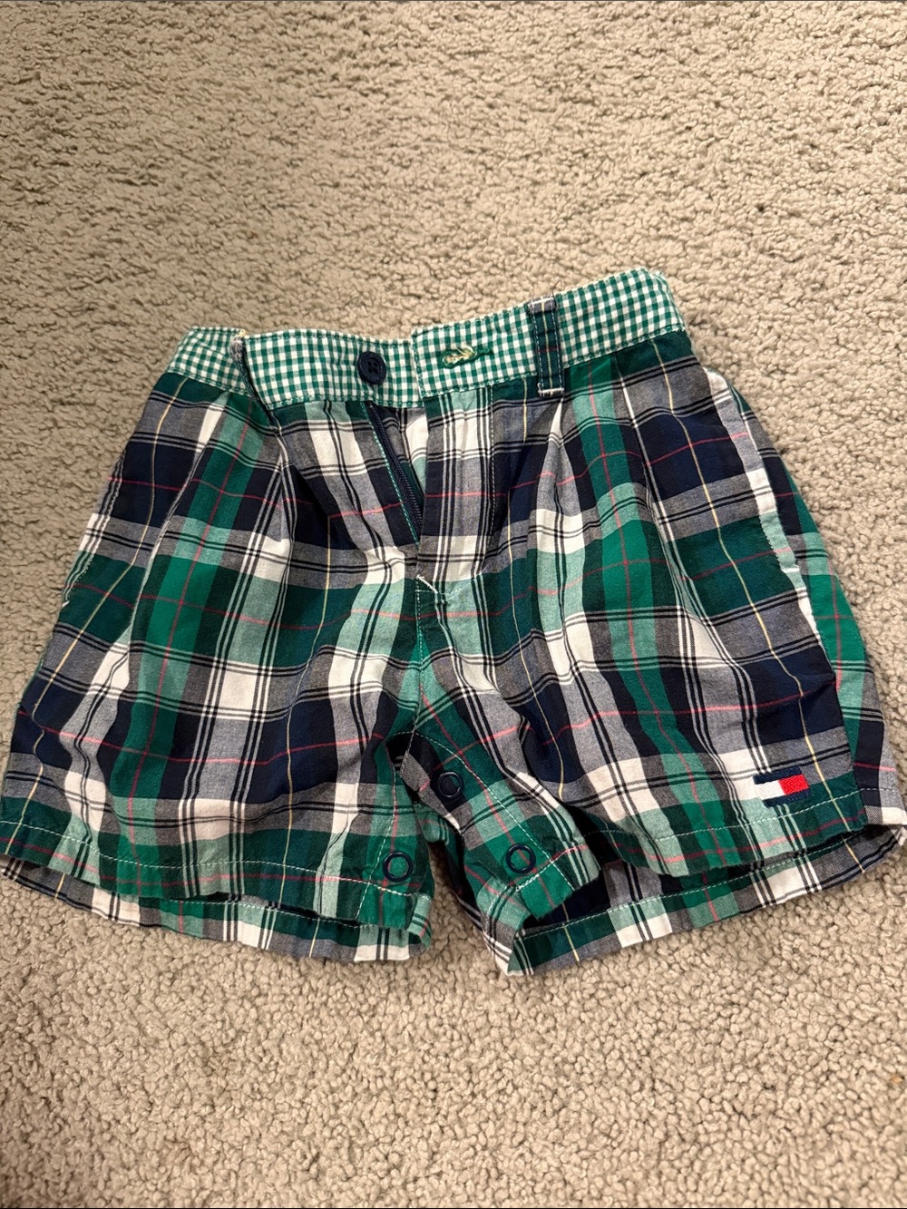 Tommy Hilfiger Green and Navy Plaid Cotton Shorts with Yellow Waistband